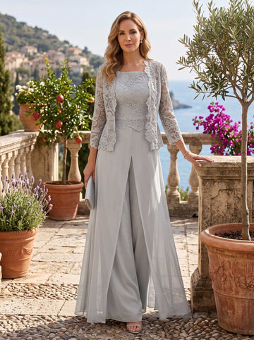 3 Pieces Square Collar Chiffon Mother of the Bride Pantsuits with Jacket Lace Ankle-Length with Overskirt 3/4 Sleeves