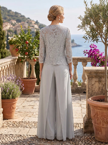 3 Pieces Square Collar Chiffon Mother of the Bride Pantsuits with Jacket Lace Ankle-Length with Overskirt 3/4 Sleeves