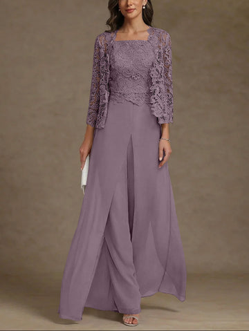 3 Pieces Square Collar Chiffon Mother of the Bride Pantsuits with Jacket Lace Ankle-Length with Overskirt 3/4 Sleeves