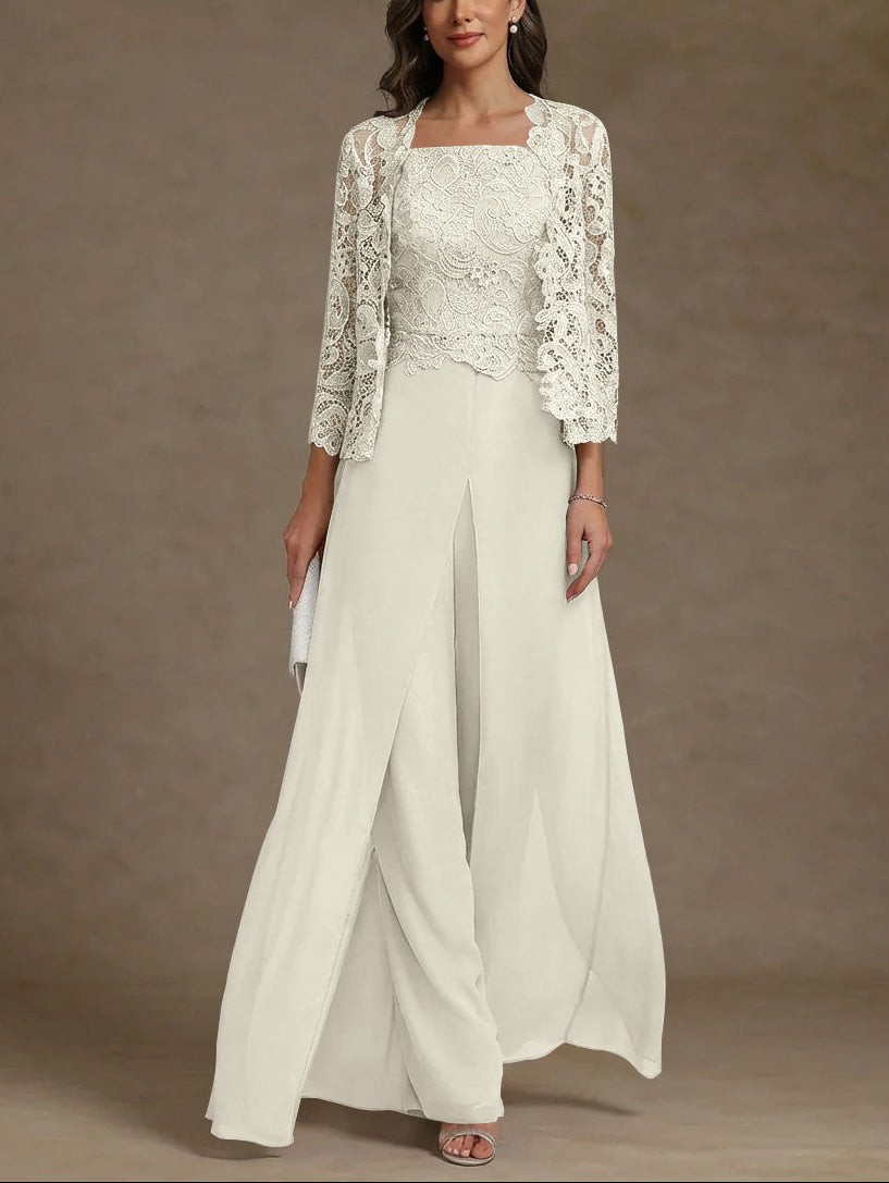 3 Pieces Square Collar Chiffon Mother of the Bride Pantsuits with Jacket Lace Ankle-Length with Overskirt 3/4 Sleeves
