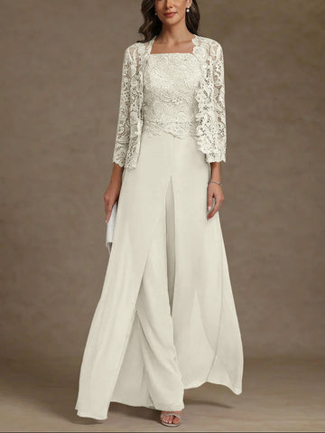 3 Pieces Square Collar Chiffon Mother of the Bride Pantsuits with Jacket Lace Ankle-Length with Overskirt 3/4 Sleeves