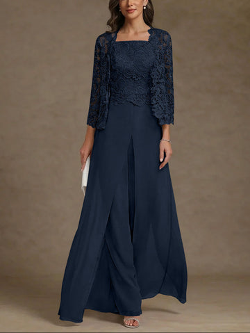 3 Pieces Square Collar Chiffon Mother of the Bride Pantsuits with Jacket Lace Ankle-Length with Overskirt 3/4 Sleeves