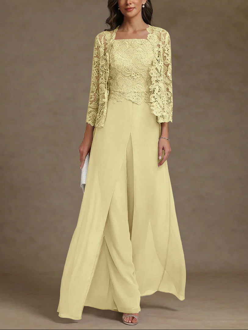 3 Pieces Square Collar Chiffon Mother of the Bride Pantsuits with Jacket Lace Ankle-Length with Overskirt 3/4 Sleeves