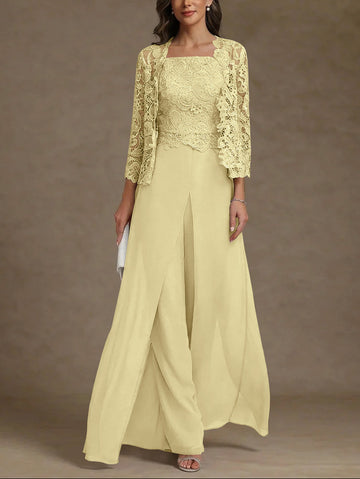 3 Pieces Square Collar Chiffon Mother of the Bride Pantsuits with Jacket Lace Ankle-Length with Overskirt 3/4 Sleeves