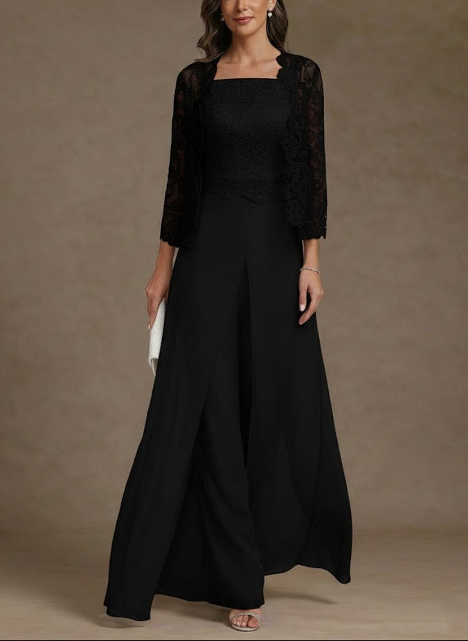 3 Pieces Square Collar Chiffon Mother of the Bride Pantsuits with Jacket Lace Ankle-Length with Overskirt 3/4 Sleeves