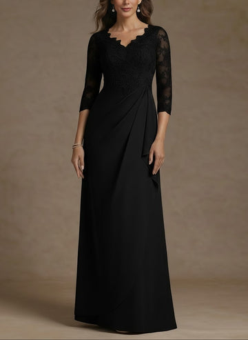 Sheath/Column V-Neck Chiffon Mother of the Bride Dresses Lace Floor-Length 3/4 Sleeves Ruched
