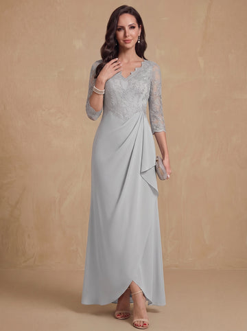 Sheath/Column V-Neck Chiffon Mother of the Bride Dresses Lace Floor-Length 3/4 Sleeves Ruched