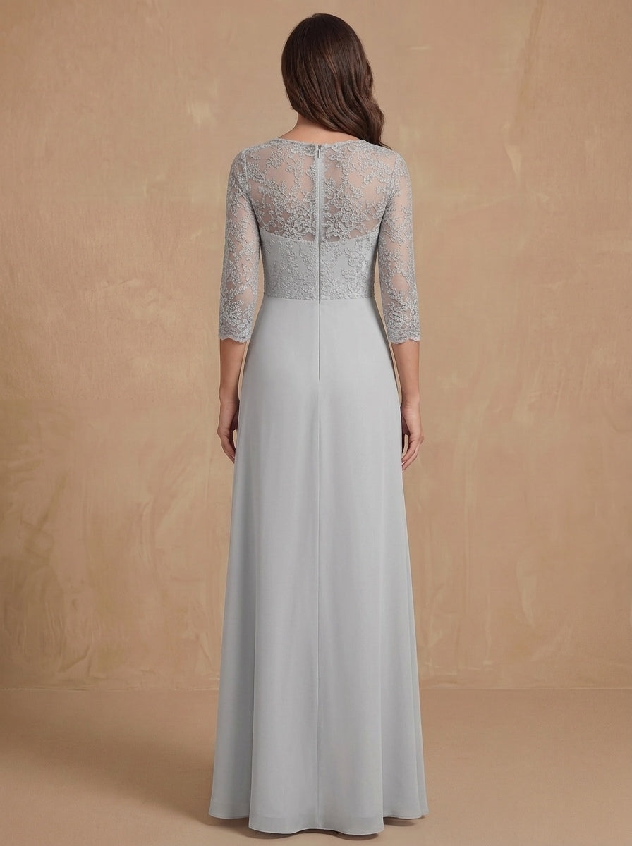 Sheath/Column V-Neck Chiffon Mother of the Bride Dresses Lace Floor-Length 3/4 Sleeves Ruched