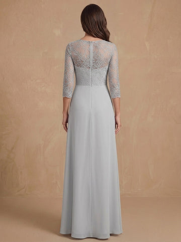 Sheath/Column V-Neck Chiffon Mother of the Bride Dresses Lace Floor-Length 3/4 Sleeves Ruched
