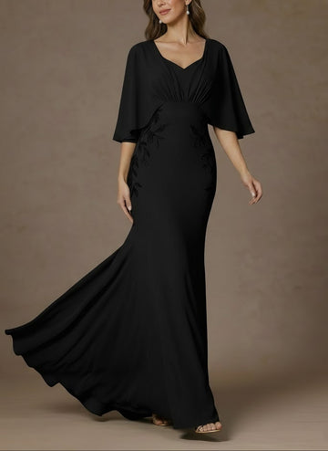 Trumpet/Mermaid V-Neck Stretch Satin Mother of the Bride Dresses Floor-Length Appliques Short Sleeves  Ruched