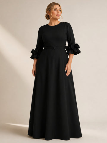 A-Line/Princess Scoop Stretch Satin Plus Size Mother of the Bride Dresses Floor-Length 3/4 Sleeves Ruffles