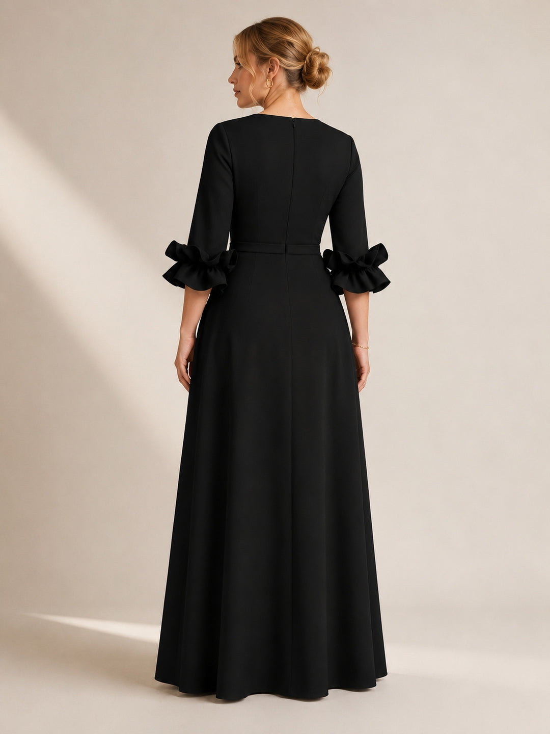A-Line/Princess Scoop Stretch Satin Plus Size Mother of the Bride Dresses Floor-Length 3/4 Sleeves Ruffles
