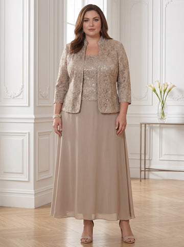 2 Pieces A-Line/Princess Square Collar Chiffon Plus Size Mother of the Bride Dresses with Jacket Lace Ankle-Length 3/4 Sleeves