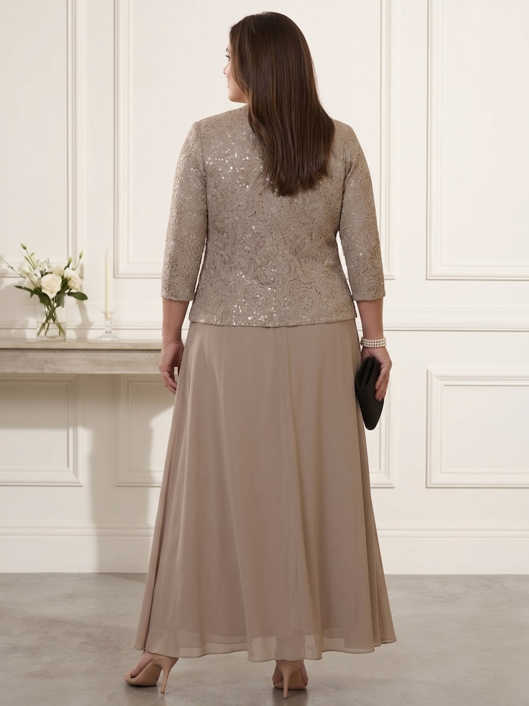 2 Pieces A-Line/Princess Square Collar Chiffon Plus Size Mother of the Bride Dresses with Jacket Lace Ankle-Length 3/4 Sleeves
