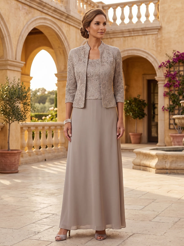 2 Pieces A-Line/Princess Square Collar Chiffon Mother of the Bride Dresses with Jacket Lace Ankle-Length 3/4 Sleeves