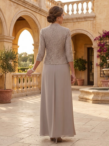 2 Pieces A-Line/Princess Square Collar Chiffon Mother of the Bride Dresses with Jacket Lace Ankle-Length 3/4 Sleeves