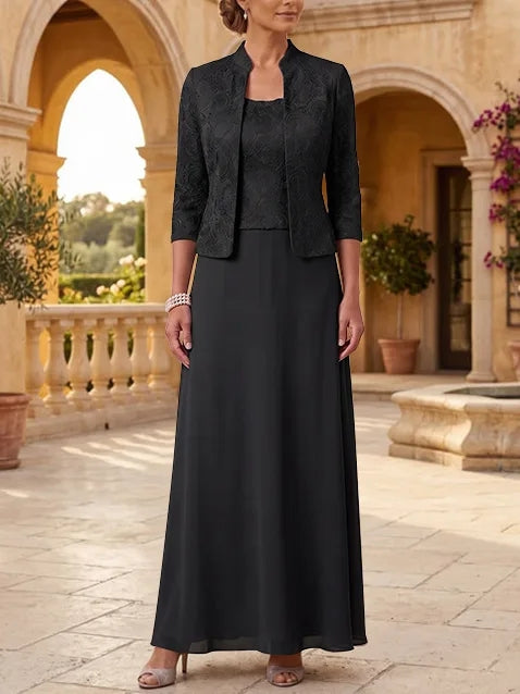 2 Pieces A-Line/Princess Square Collar Chiffon Mother of the Bride Dresses with Jacket Lace Ankle-Length 3/4 Sleeves