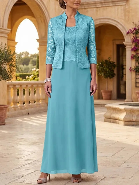 2 Pieces A-Line/Princess Square Collar Chiffon Mother of the Bride Dresses with Jacket Lace Ankle-Length 3/4 Sleeves