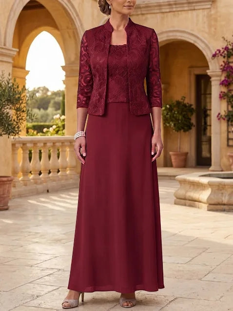 2 Pieces A-Line/Princess Square Collar Chiffon Mother of the Bride Dresses with Jacket Lace Ankle-Length 3/4 Sleeves
