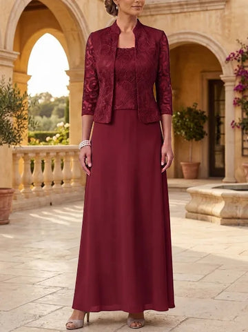 2 Pieces A-Line/Princess Square Collar Chiffon Mother of the Bride Dresses with Jacket Lace Ankle-Length 3/4 Sleeves