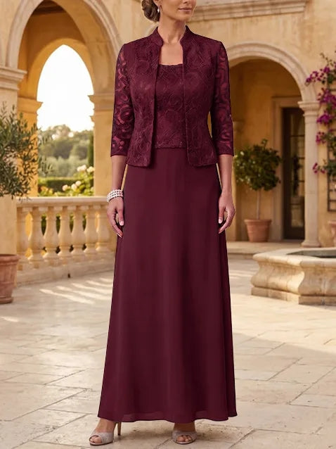 2 Pieces A-Line/Princess Square Collar Chiffon Mother of the Bride Dresses with Jacket Lace Ankle-Length 3/4 Sleeves