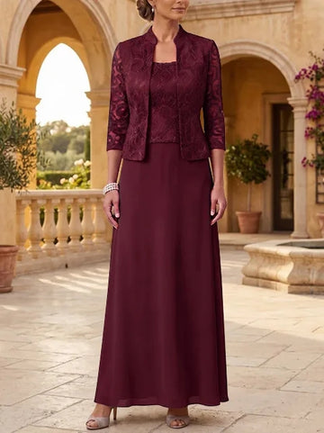 2 Pieces A-Line/Princess Square Collar Chiffon Mother of the Bride Dresses with Jacket Lace Ankle-Length 3/4 Sleeves