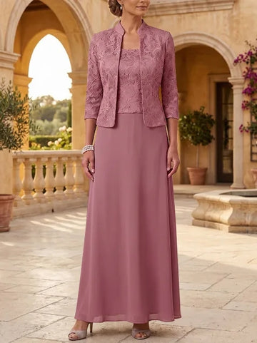 2 Pieces A-Line/Princess Square Collar Chiffon Mother of the Bride Dresses with Jacket Lace Ankle-Length 3/4 Sleeves