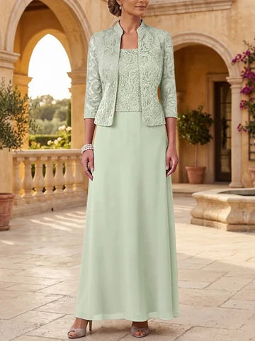 2 Pieces A-Line/Princess Square Collar Chiffon Mother of the Bride Dresses with Jacket Lace Ankle-Length 3/4 Sleeves