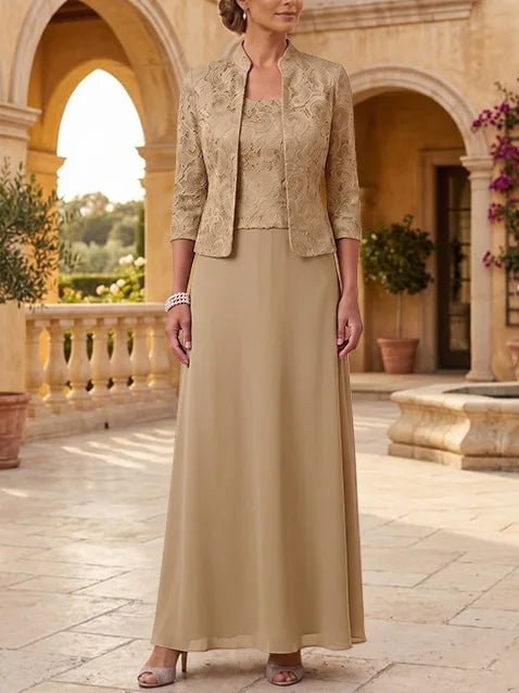 2 Pieces A-Line/Princess Square Collar Chiffon Mother of the Bride Dresses with Jacket Lace Ankle-Length 3/4 Sleeves