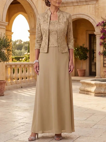 2 Pieces A-Line/Princess Square Collar Chiffon Mother of the Bride Dresses with Jacket Lace Ankle-Length 3/4 Sleeves