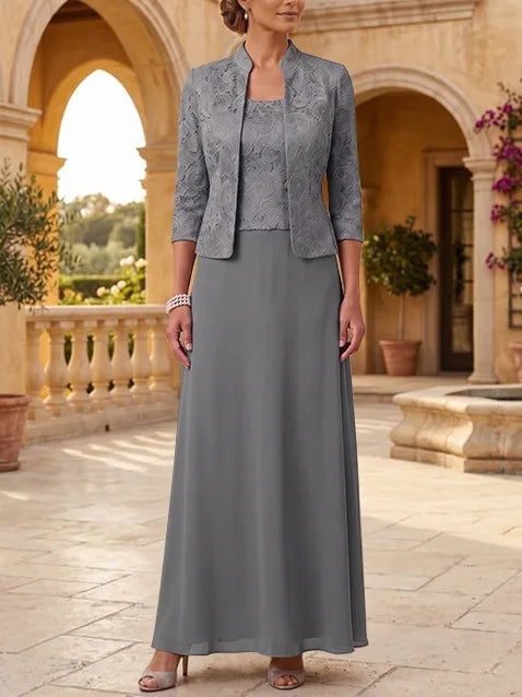 2 Pieces A-Line/Princess Square Collar Chiffon Mother of the Bride Dresses with Jacket Lace Ankle-Length 3/4 Sleeves