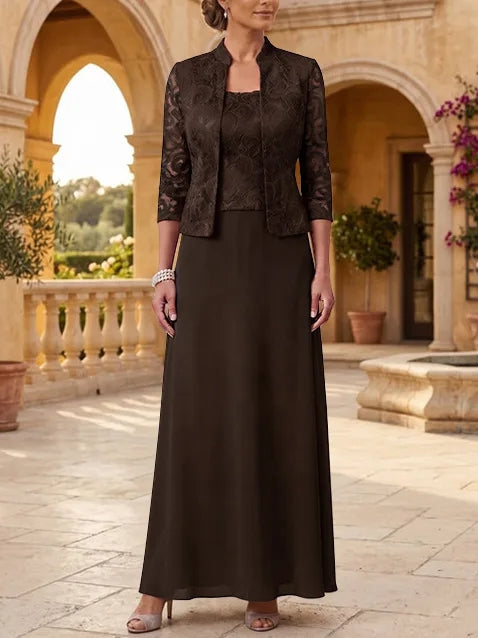 2 Pieces A-Line/Princess Square Collar Chiffon Mother of the Bride Dresses with Jacket Lace Ankle-Length 3/4 Sleeves
