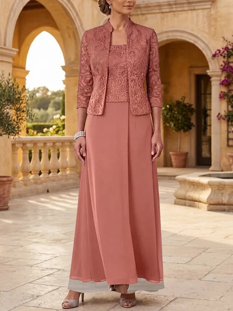 2 Pieces A-Line/Princess Square Collar Chiffon Mother of the Bride Dresses with Jacket Lace Ankle-Length 3/4 Sleeves