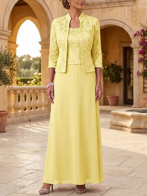 2 Pieces A-Line/Princess Square Collar Chiffon Mother of the Bride Dresses with Jacket Lace Ankle-Length 3/4 Sleeves