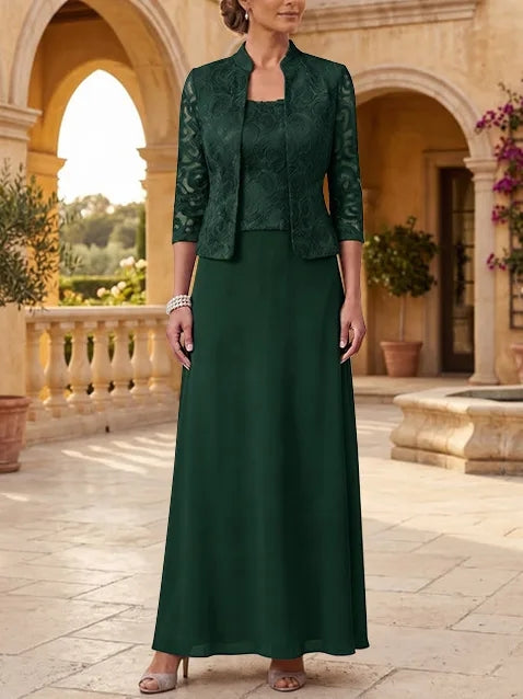 2 Pieces A-Line/Princess Square Collar Chiffon Mother of the Bride Dresses with Jacket Lace Ankle-Length 3/4 Sleeves