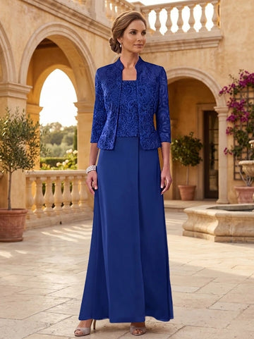 2 Pieces A-Line/Princess Square Collar Chiffon Mother of the Bride Dresses with Jacket Lace Ankle-Length 3/4 Sleeves