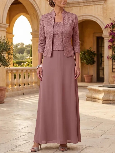 2 Pieces A-Line/Princess Square Collar Chiffon Mother of the Bride Dresses with Jacket Lace Ankle-Length 3/4 Sleeves