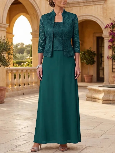 2 Pieces A-Line/Princess Square Collar Chiffon Mother of the Bride Dresses with Jacket Lace Ankle-Length 3/4 Sleeves