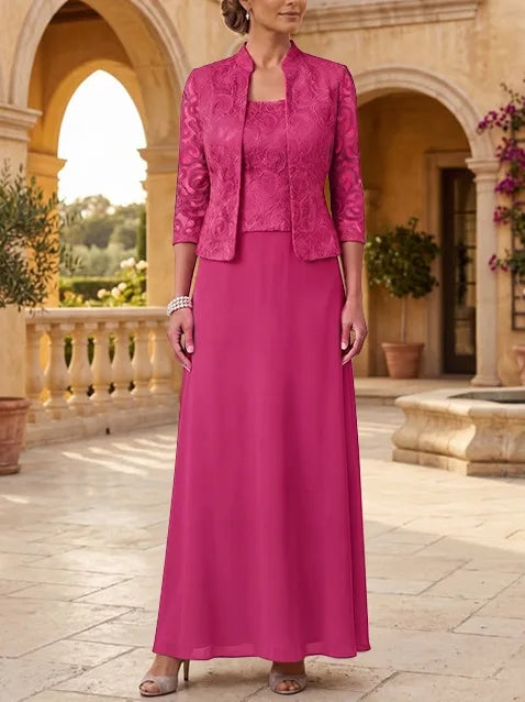 2 Pieces A-Line/Princess Square Collar Chiffon Mother of the Bride Dresses with Jacket Lace Ankle-Length 3/4 Sleeves