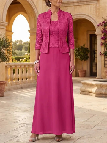 2 Pieces A-Line/Princess Square Collar Chiffon Mother of the Bride Dresses with Jacket Lace Ankle-Length 3/4 Sleeves