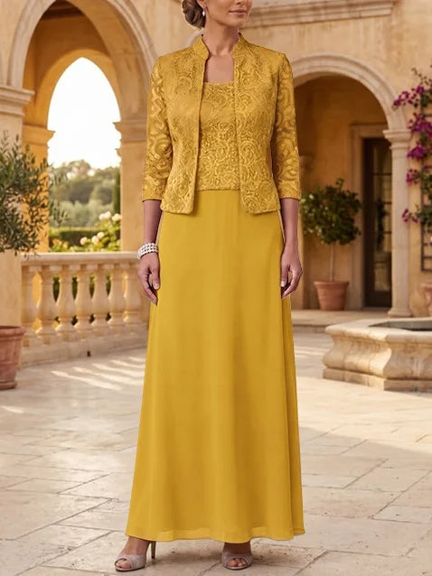 2 Pieces A-Line/Princess Square Collar Chiffon Mother of the Bride Dresses with Jacket Lace Ankle-Length 3/4 Sleeves