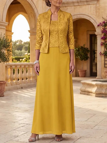 2 Pieces A-Line/Princess Square Collar Chiffon Mother of the Bride Dresses with Jacket Lace Ankle-Length 3/4 Sleeves