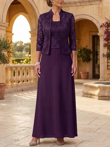 2 Pieces A-Line/Princess Square Collar Chiffon Mother of the Bride Dresses with Jacket Lace Ankle-Length 3/4 Sleeves
