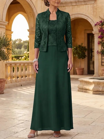 2 Pieces A-Line/Princess Square Collar Chiffon Mother of the Bride Dresses with Jacket Lace Ankle-Length 3/4 Sleeves