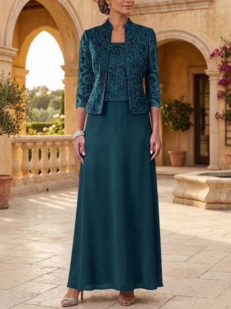 2 Pieces A-Line/Princess Square Collar Chiffon Mother of the Bride Dresses with Jacket Lace Ankle-Length 3/4 Sleeves