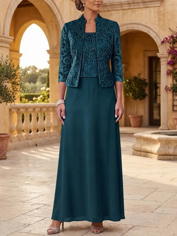 2 Pieces A-Line/Princess Square Collar Chiffon Mother of the Bride Dresses with Jacket Lace Ankle-Length 3/4 Sleeves