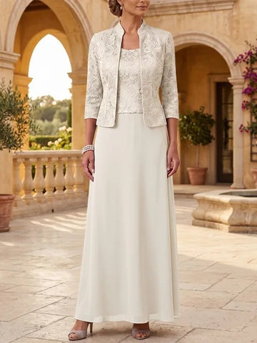 2 Pieces A-Line/Princess Square Collar Chiffon Mother of the Bride Dresses with Jacket Lace Ankle-Length 3/4 Sleeves