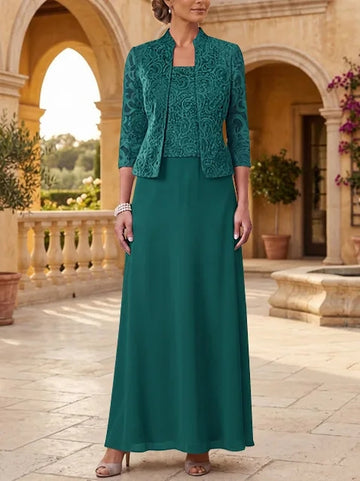 2 Pieces A-Line/Princess Square Collar Chiffon Mother of the Bride Dresses with Jacket Lace Ankle-Length 3/4 Sleeves