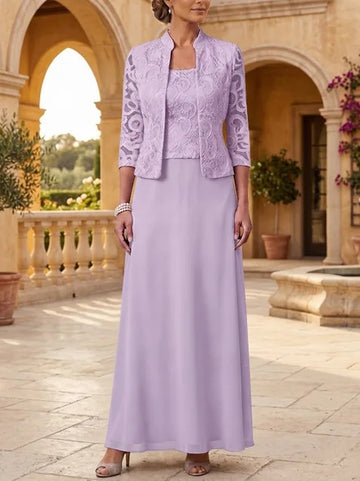 2 Pieces A-Line/Princess Square Collar Chiffon Mother of the Bride Dresses with Jacket Lace Ankle-Length 3/4 Sleeves