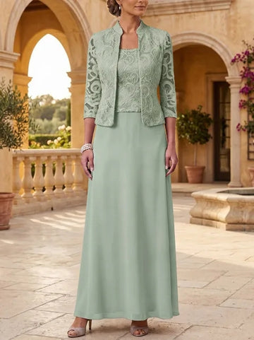 2 Pieces A-Line/Princess Square Collar Chiffon Mother of the Bride Dresses with Jacket Lace Ankle-Length 3/4 Sleeves